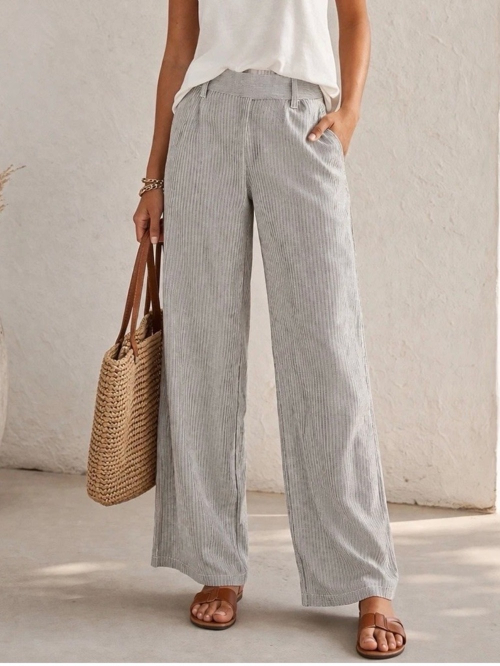 Scoop Linen Blend Wide Leg Pants Size 2 Pinstripe Lightweight Coastal Summer NWT - Picture 1 of 10